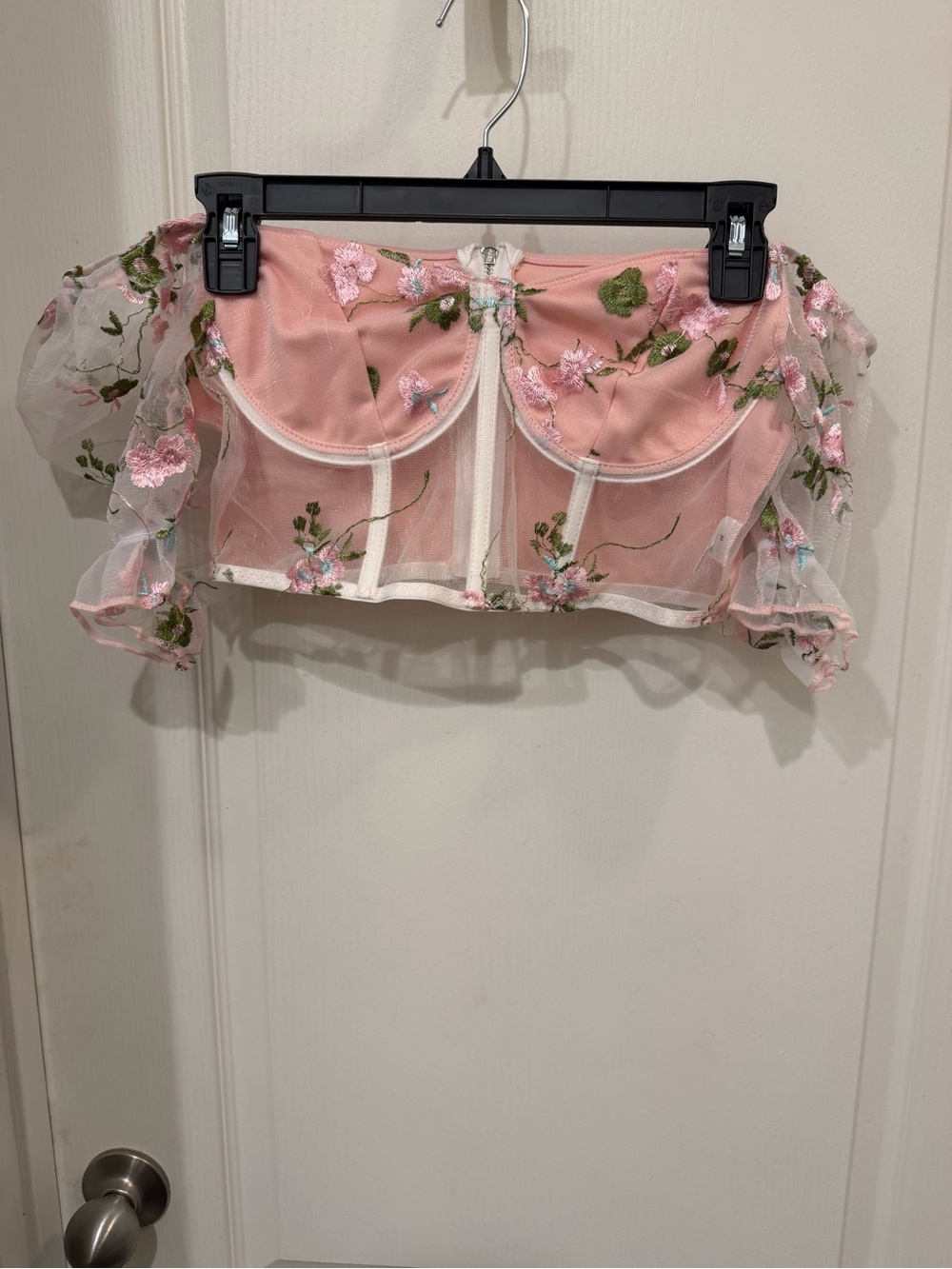 Xumi Pink Floral Embroidered Corset Crop Top Puff Sleeve Coquette Cottagecore